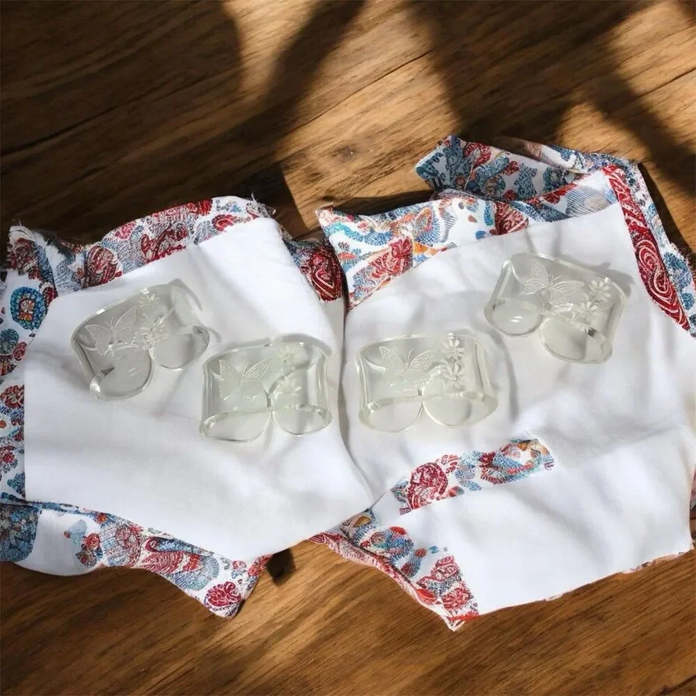 Vintage Clear Plastic Napkin Rings Holder Butterfly Floral Etched Boho Set of 4